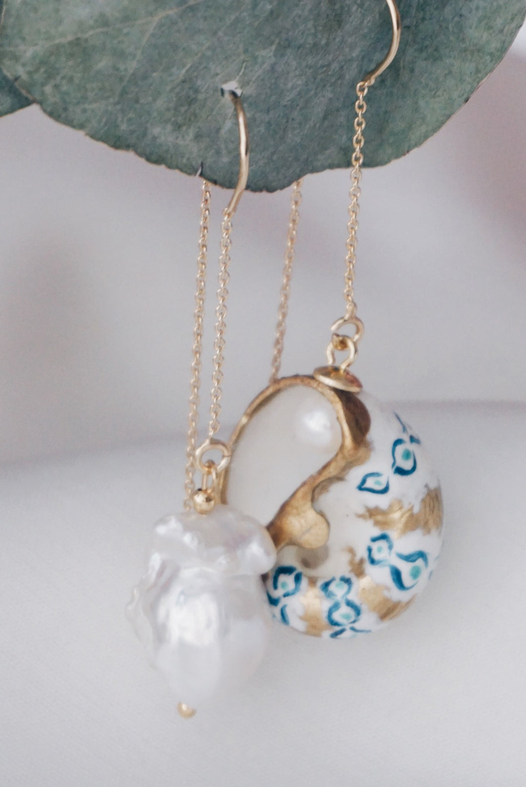 Blue chain sea snail earrings